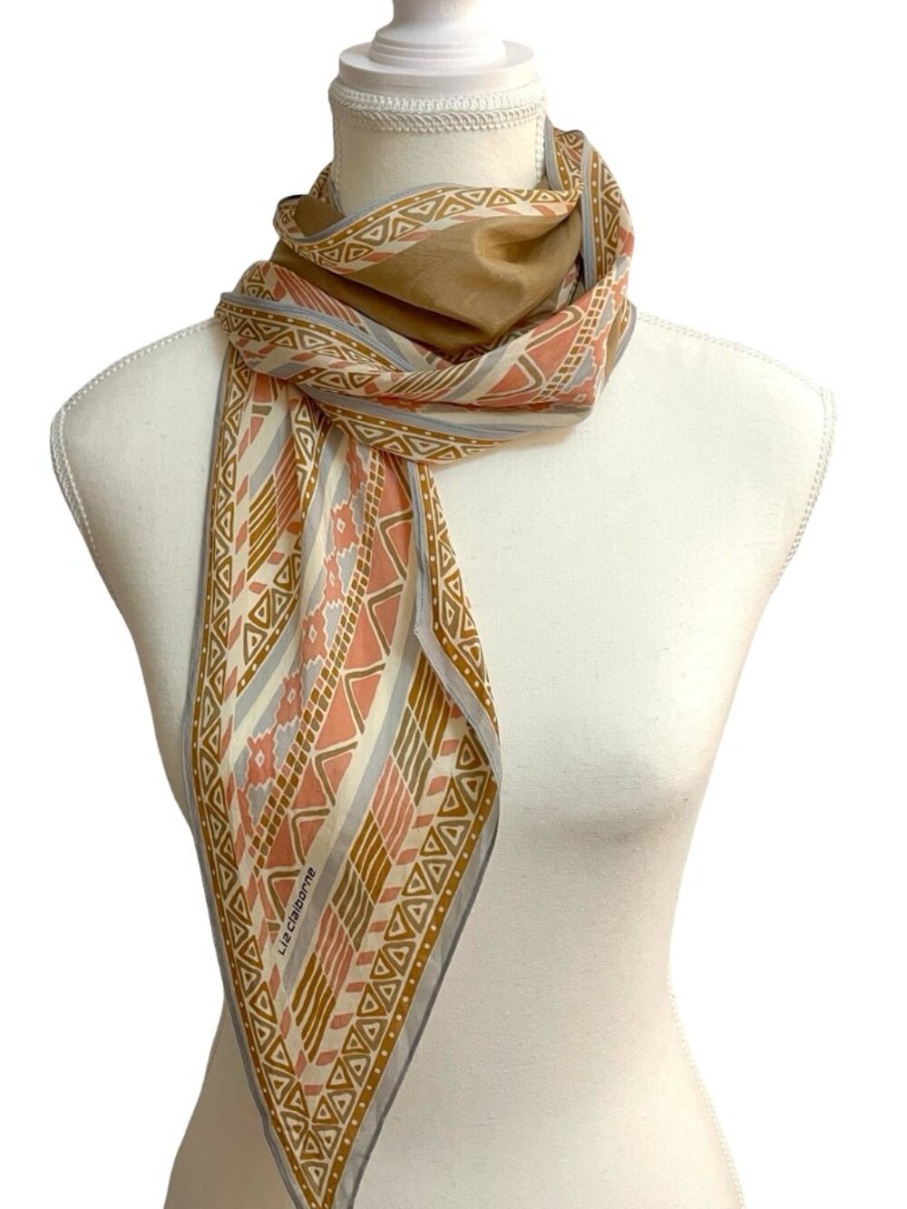 Liz Claiborne Geometric Print Oblong Scarf Silk Feel Neutral Tones